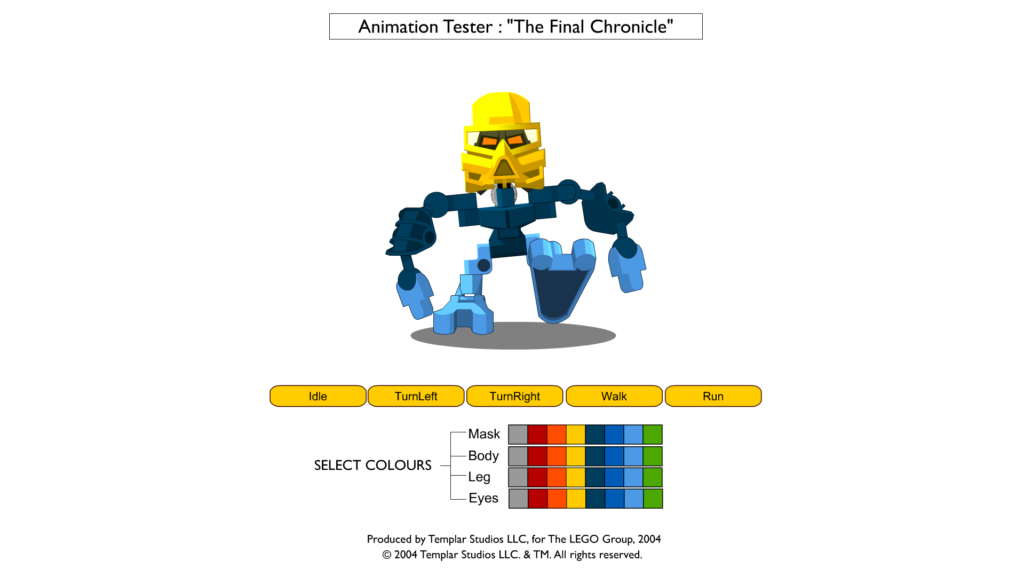 Screen capture of the Matoran Tester. A Matoran walks in place above buttons allowing the user to set colors, viewing angle, and animation type.