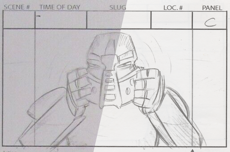 Header image. Comparison of bad and good quality scans of a story board panel.