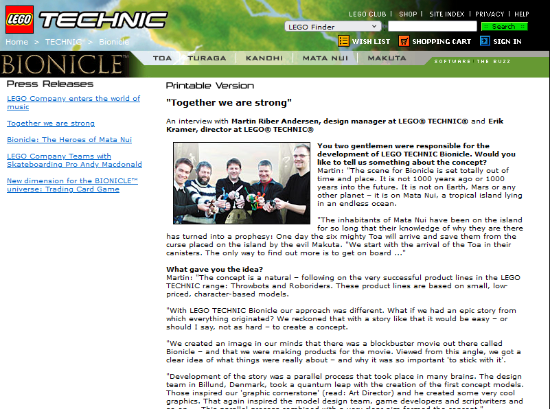 Screenshot of a press release on Bionicle.com